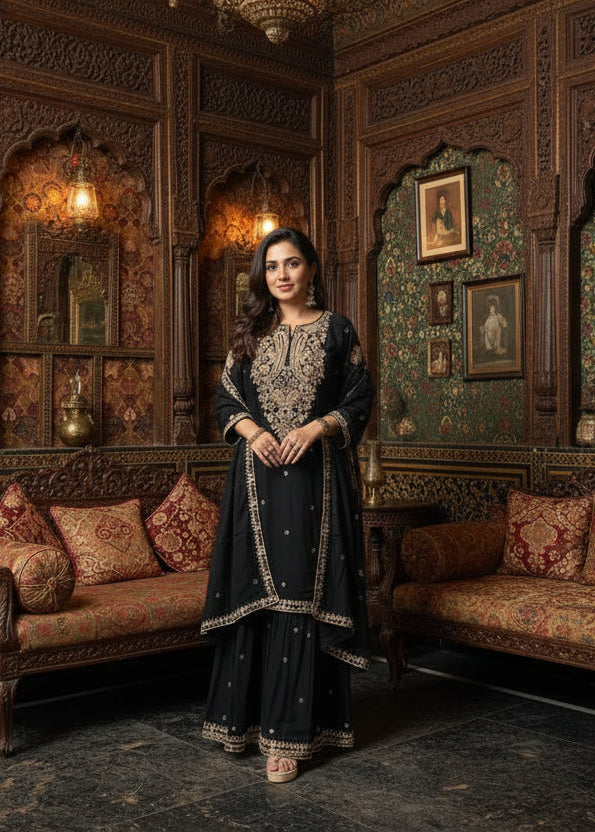 Black Gharara with Thread and Handwork.