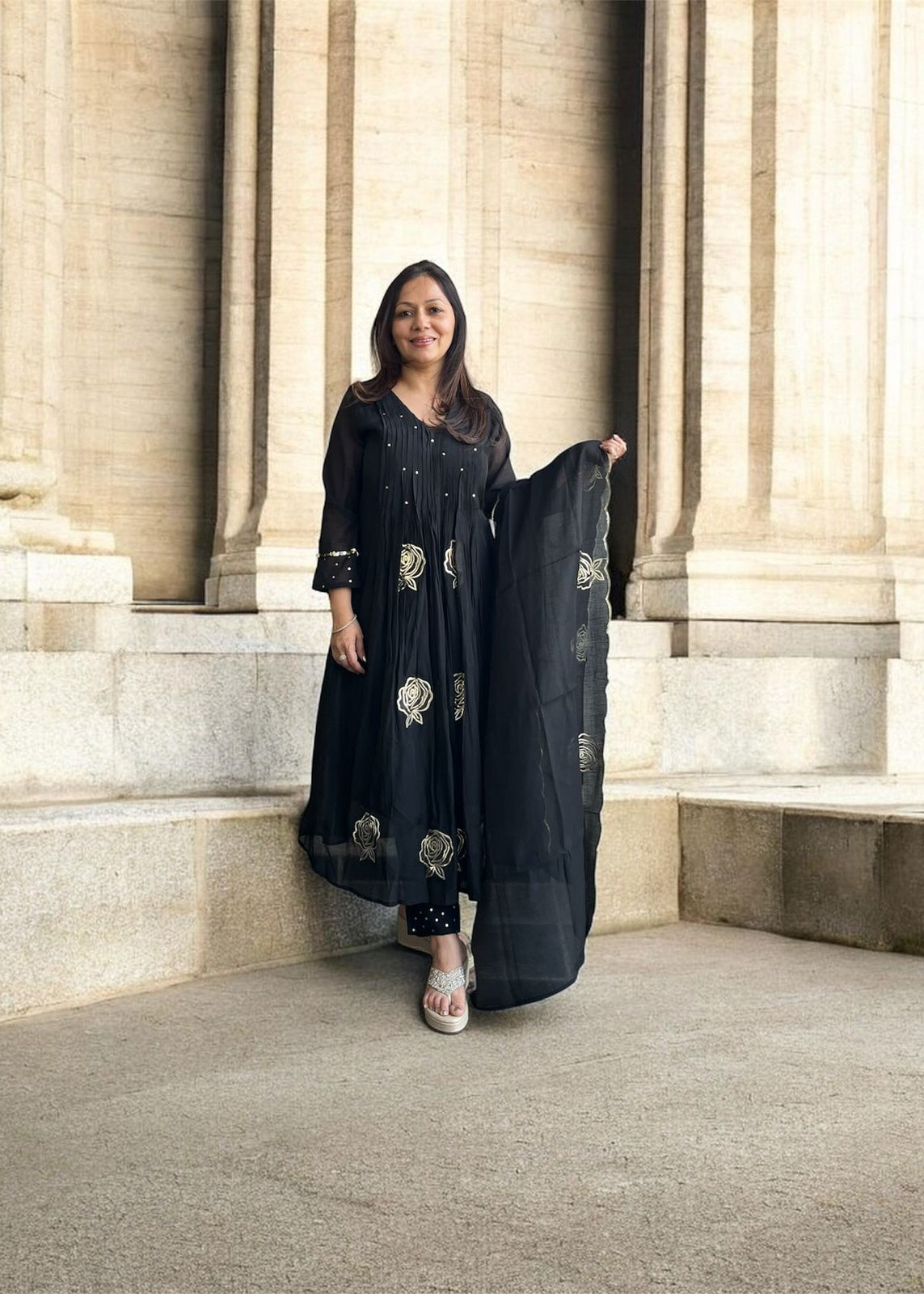 Black 3 Piece Suit with Golden Rose Embossing.