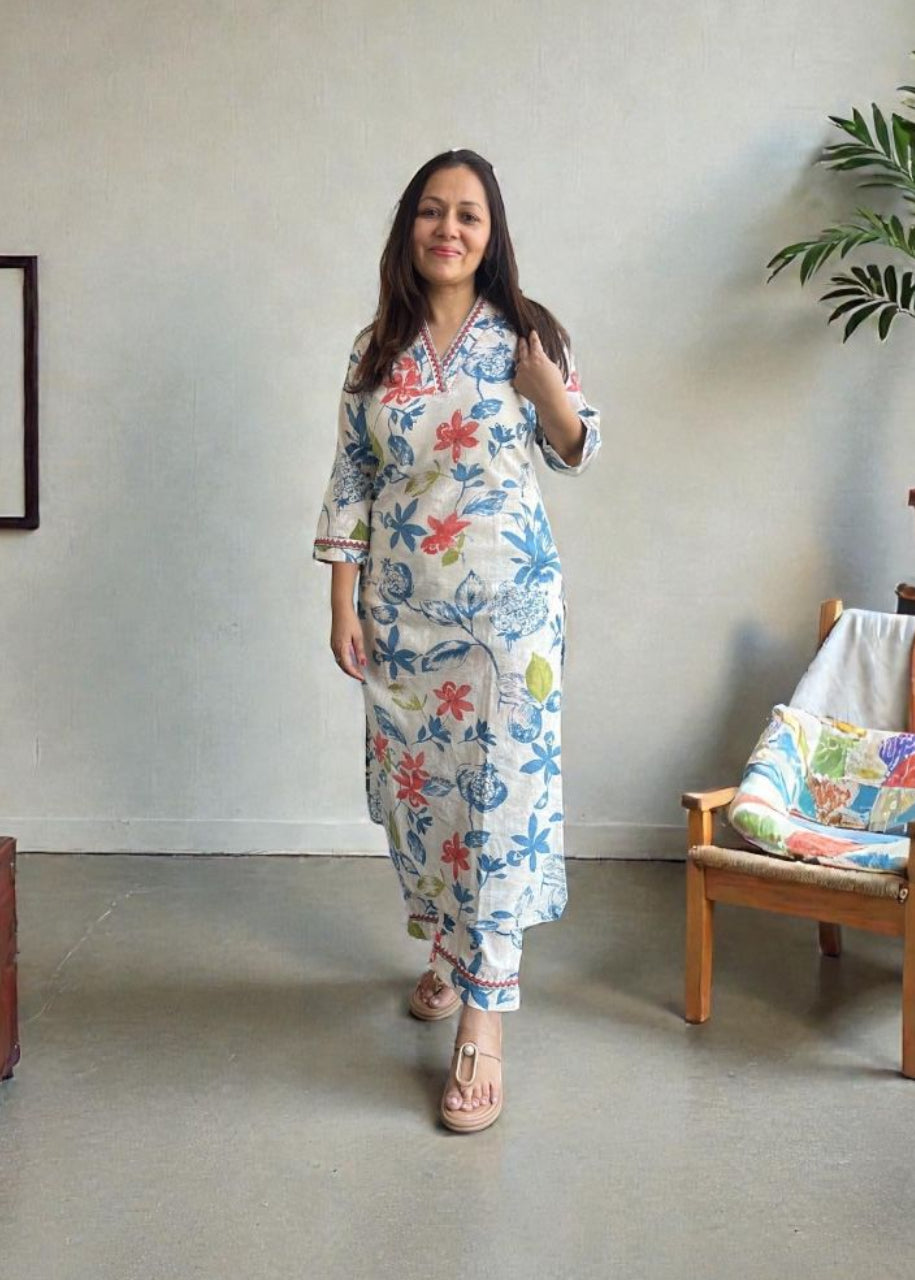 Floral Cotton Kurta Pants Set