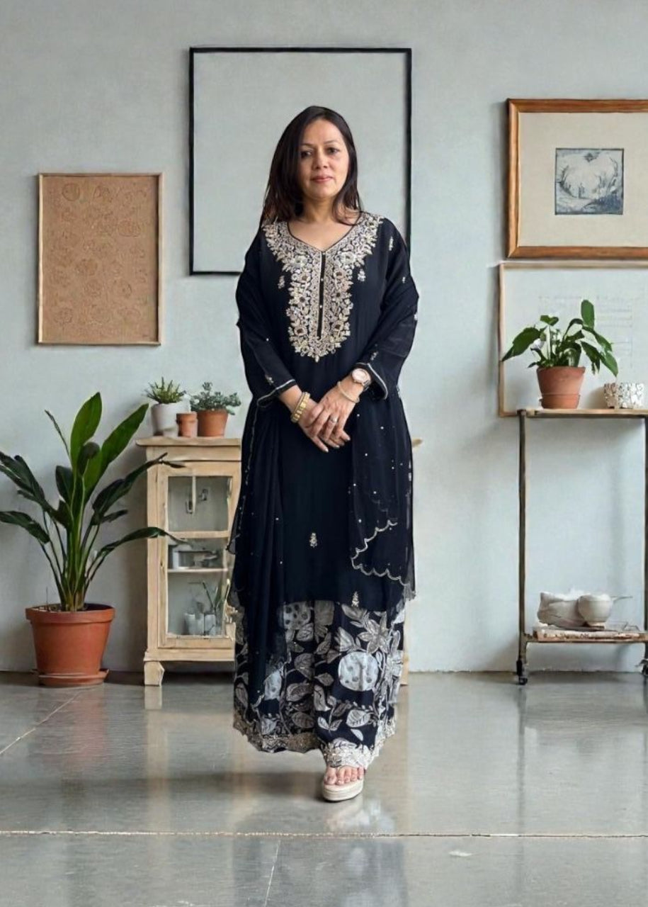 Black Floral Gharara With Kurta