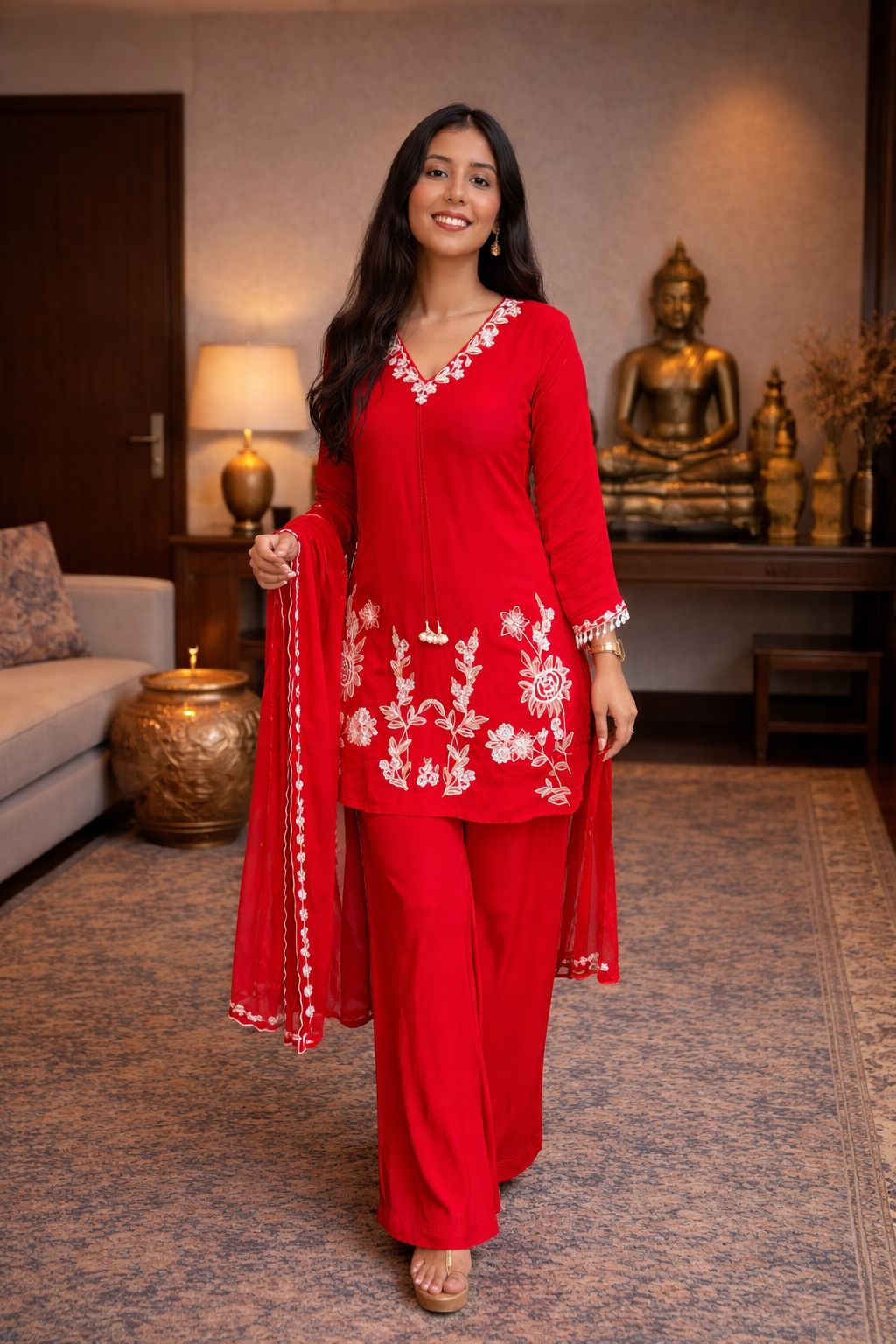 Scarlet Bloom Embroidered Suit Set