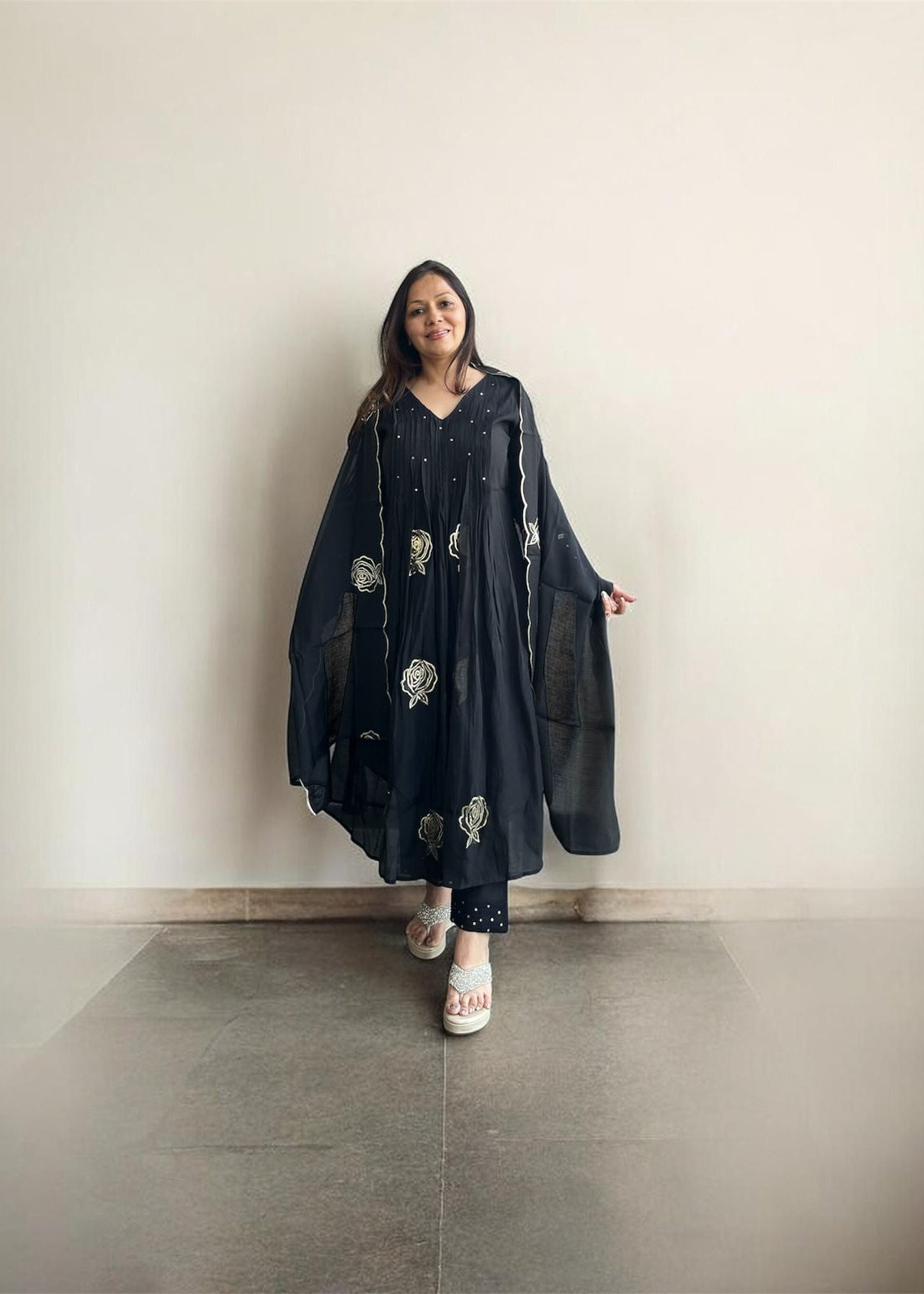 Black 3 Piece Suit with Golden Rose Embossing.