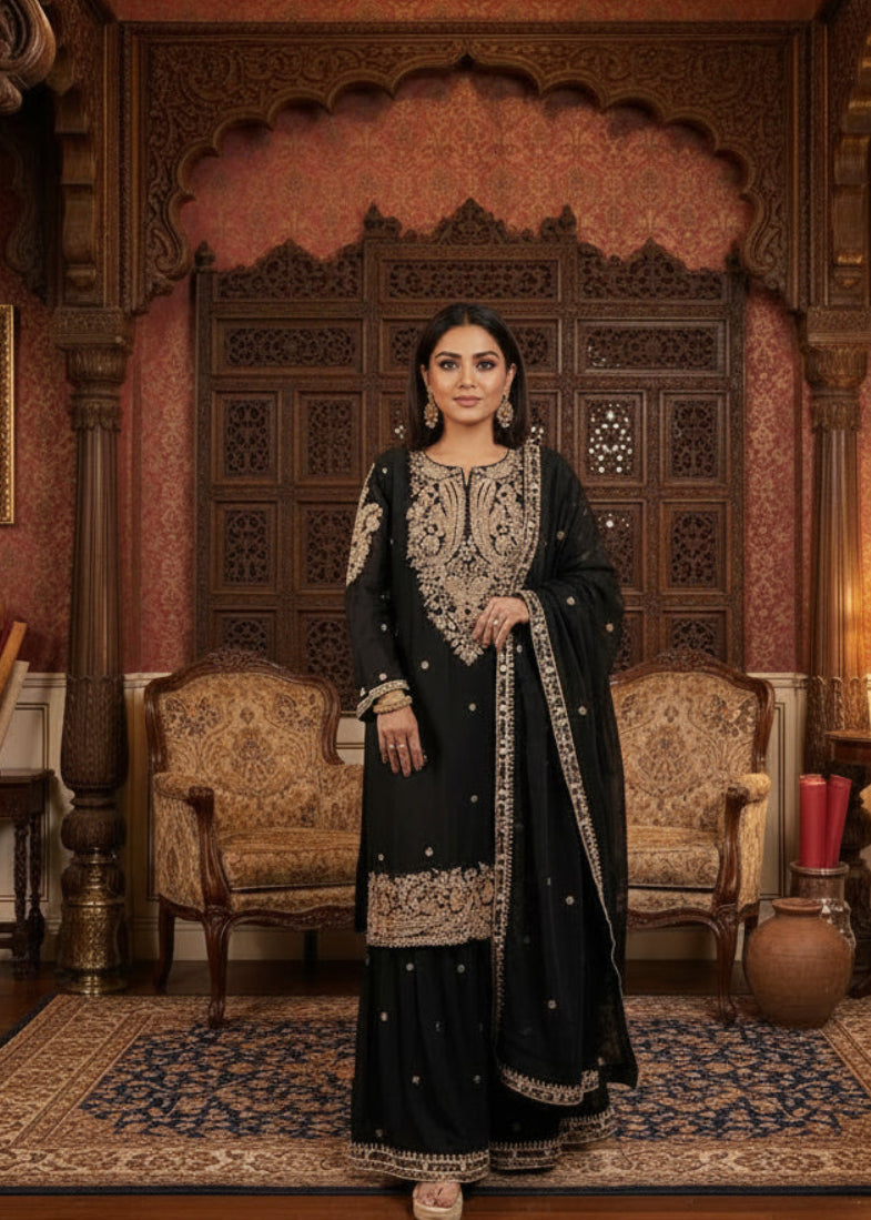 Gold Black TissueGhagra With Organza Cape