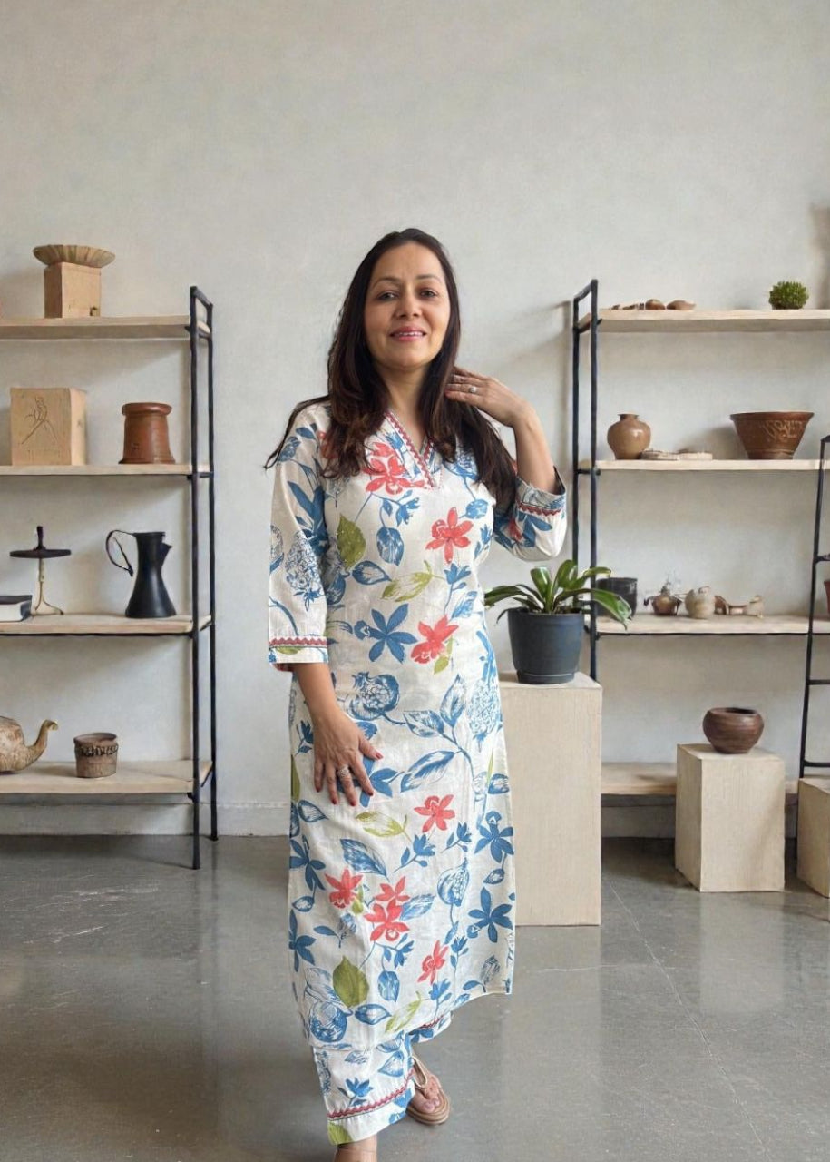 Floral Cotton Kurta Pants Set