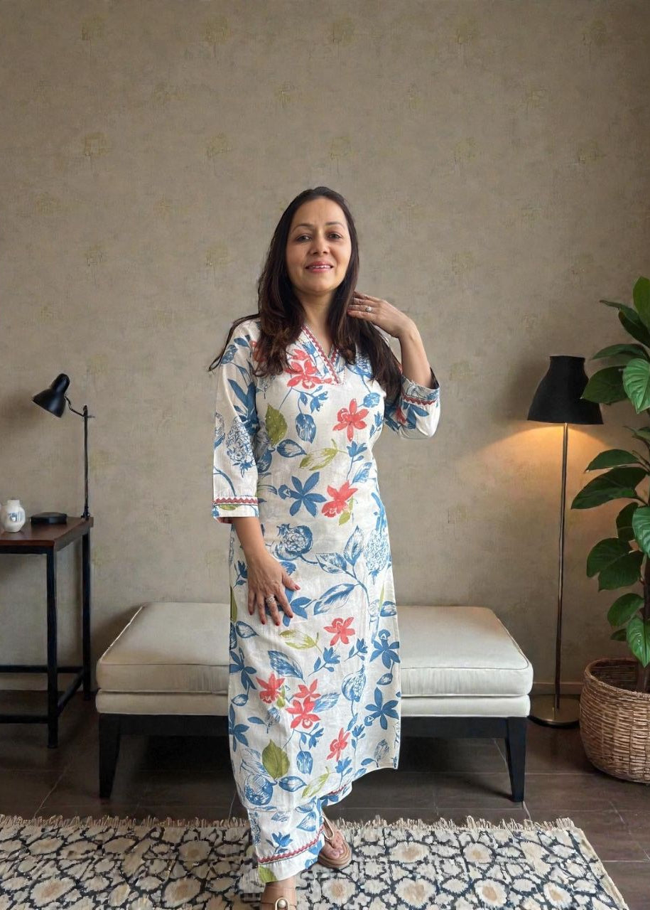 Floral Cotton Kurta Pants Set