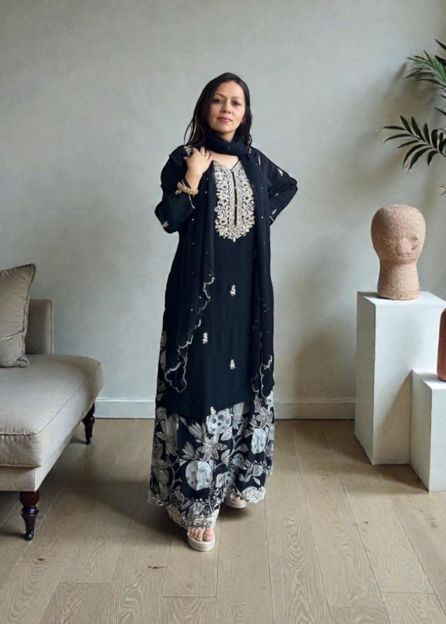 Black Floral Gharara With Kurta