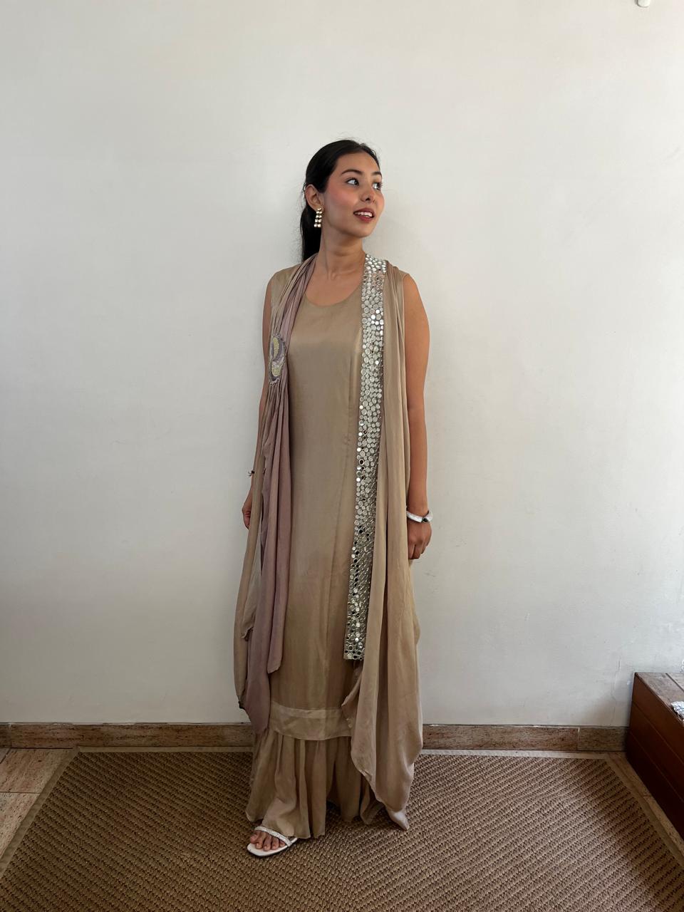 Beige Gold Cocktail Indo Western Outfit