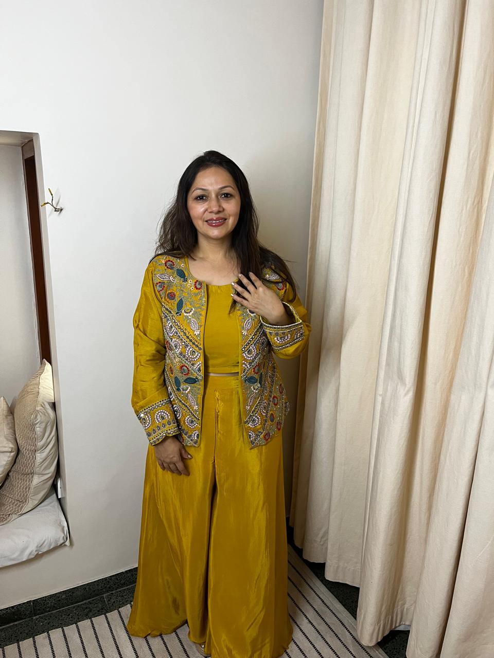 Mustard Meher Set with Tread work .