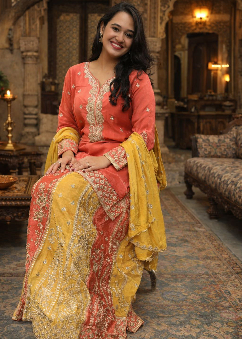 Panelled Ghagra Kurta Set with Gota Handwork