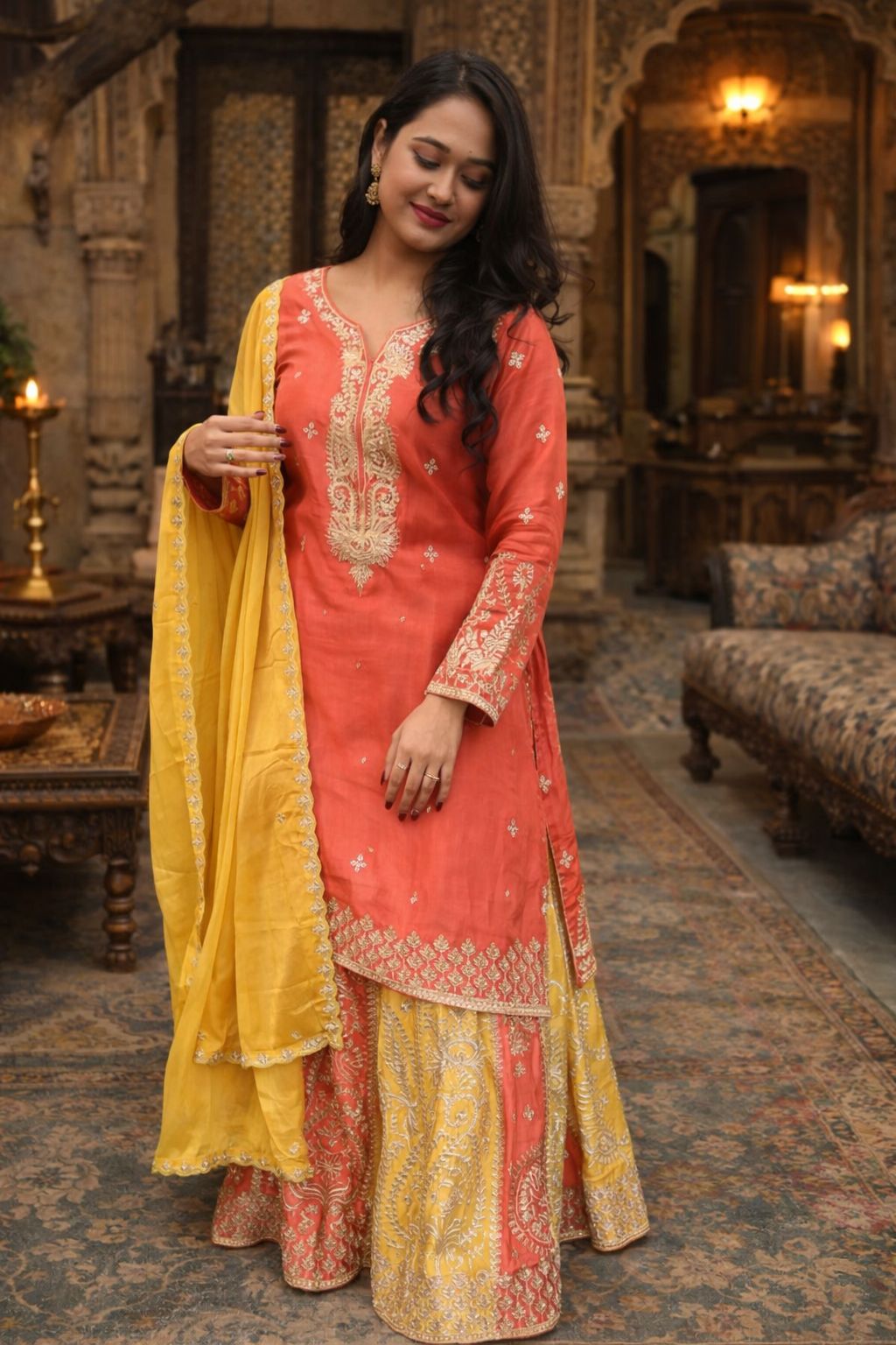 Panelled Ghagra Kurta Set with Gota Handwork