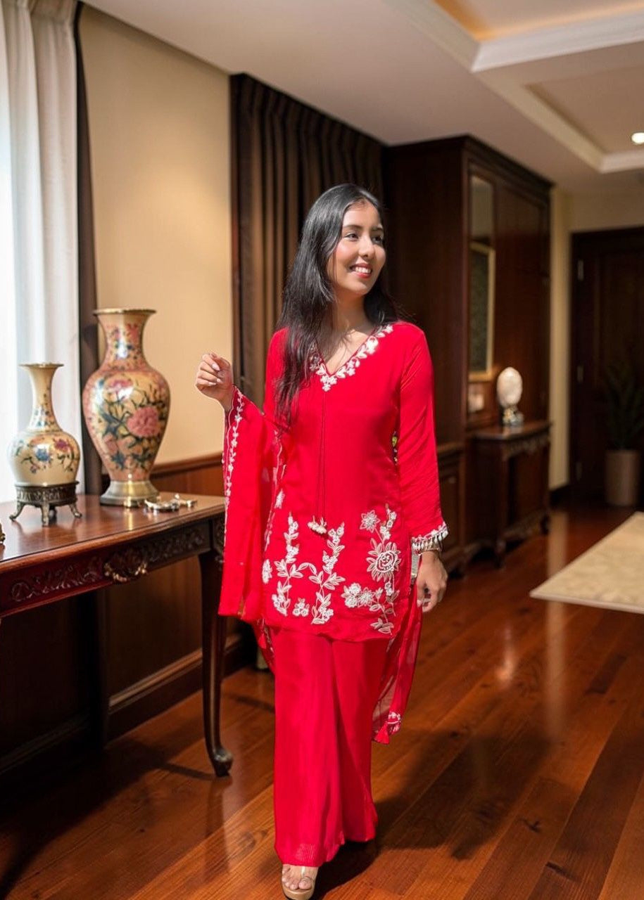 Scarlet Bloom Embroidered Suit Set