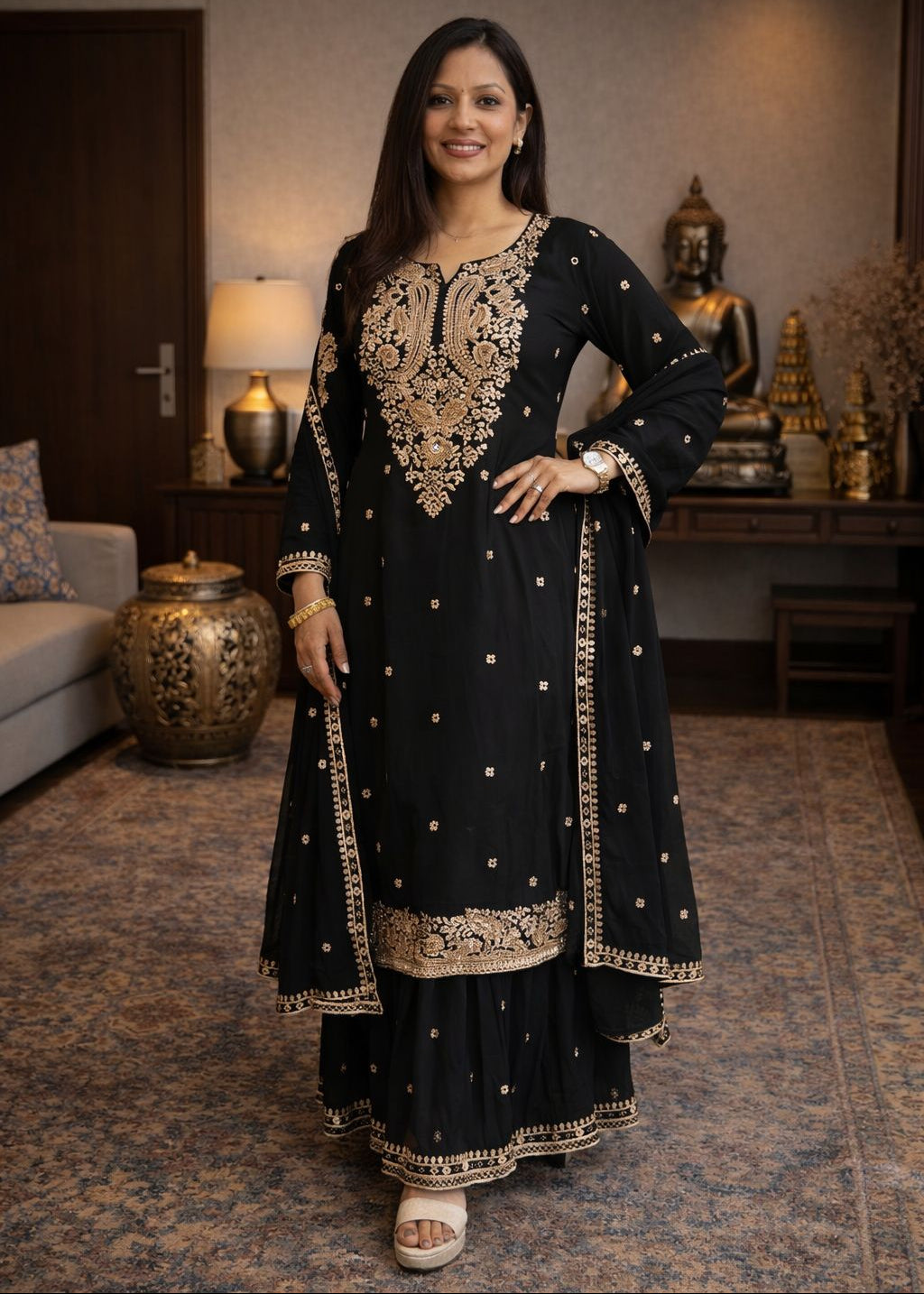 Gold Black TissueGhagra With Organza Cape