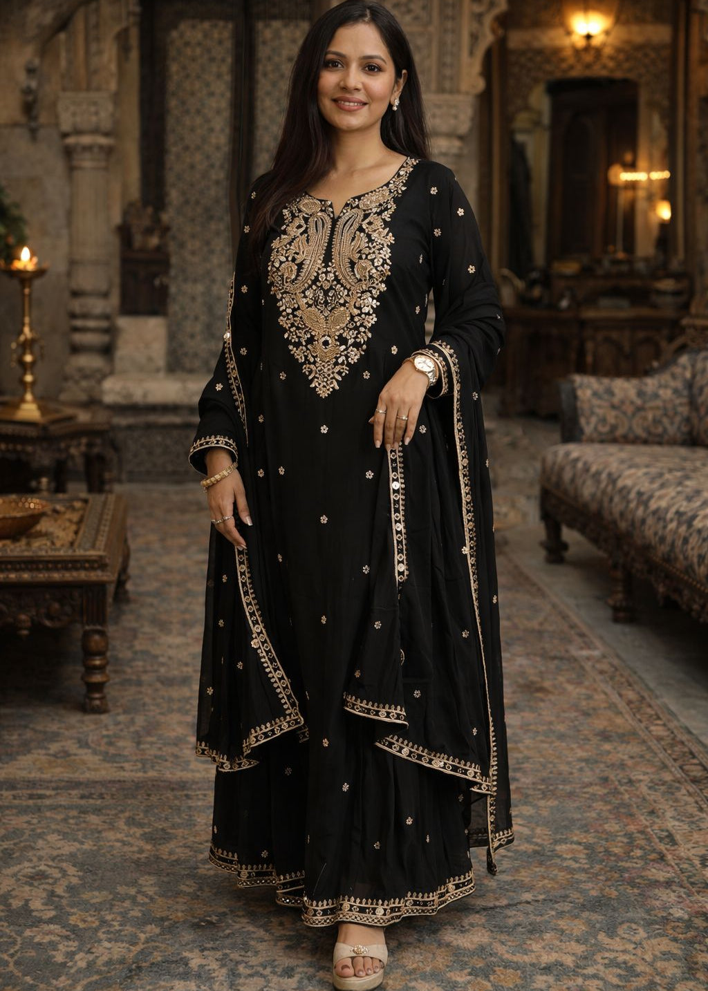 Black Gharara with Thread and Handwork.